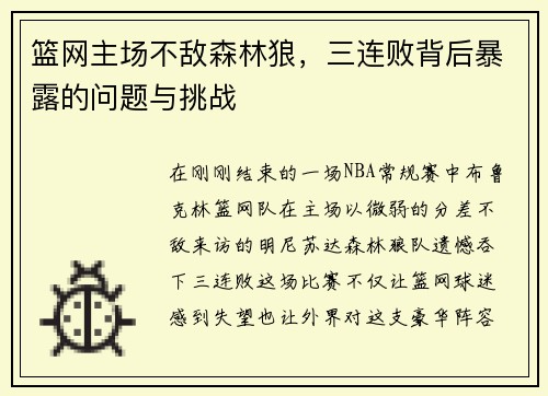 篮网主场不敌森林狼,三连败背后暴露的问题与挑战