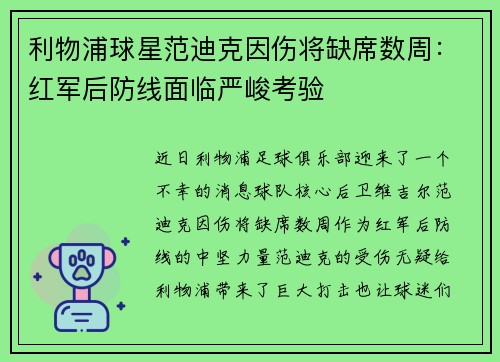 利物浦球星范迪克因伤将缺席数周：红军后防线面临严峻考验