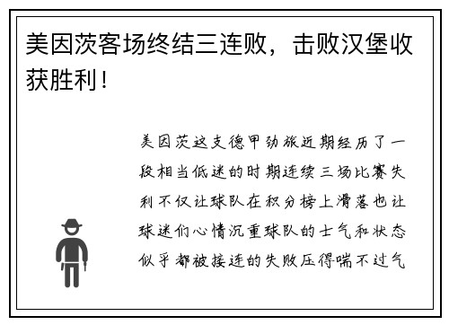 美因茨客场终结三连败,击败汉堡收获胜利!